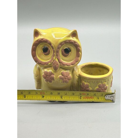 Vintage Small Owl Planter Yellow Glaze Red Clay Pottery Bird Kitsch Home Decor - Picture 9 of 9